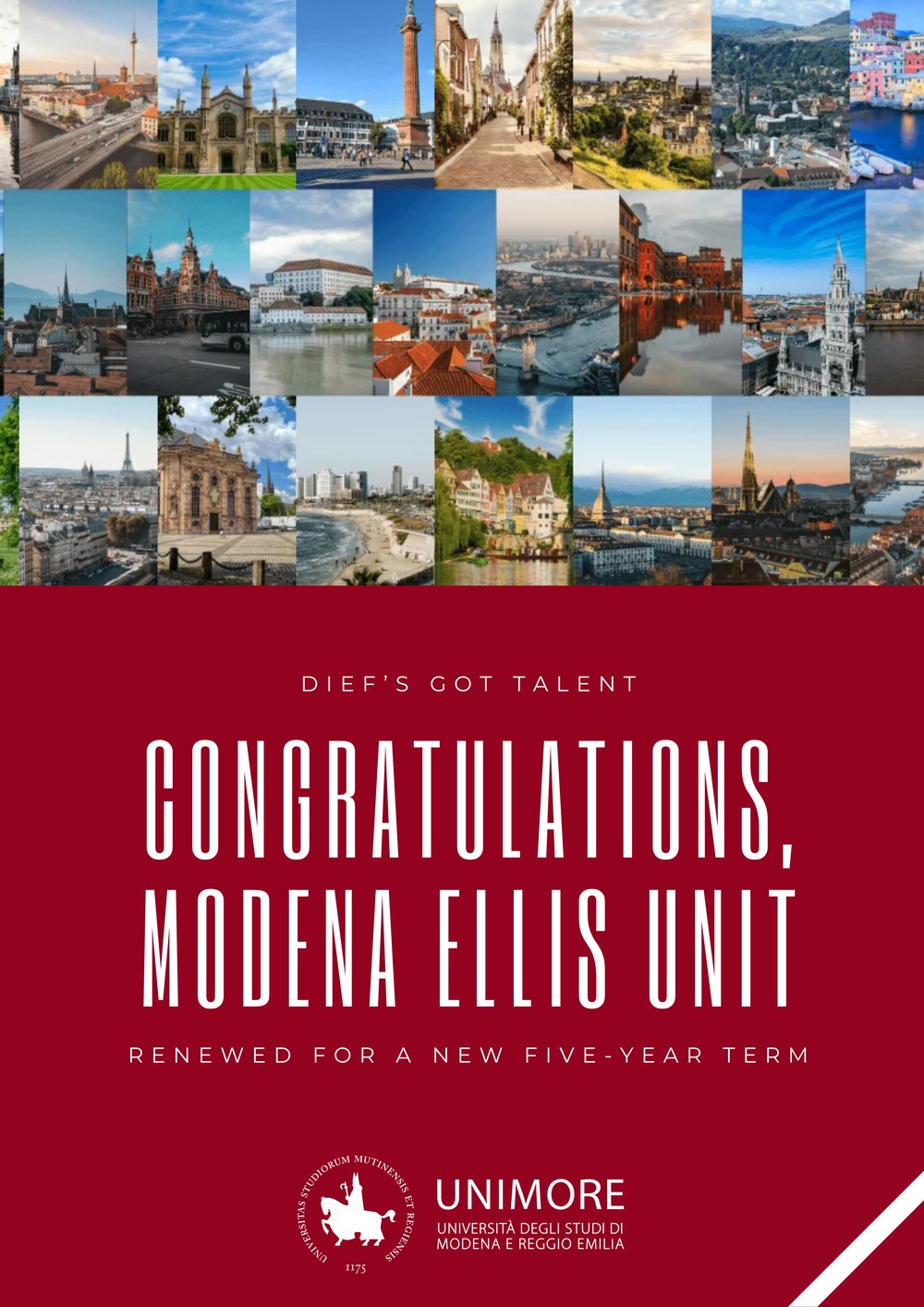 DIEF's Got Talent poster: Congratulations, Modena ELLIS Unit, with a collage of European cities of the ELLIS network